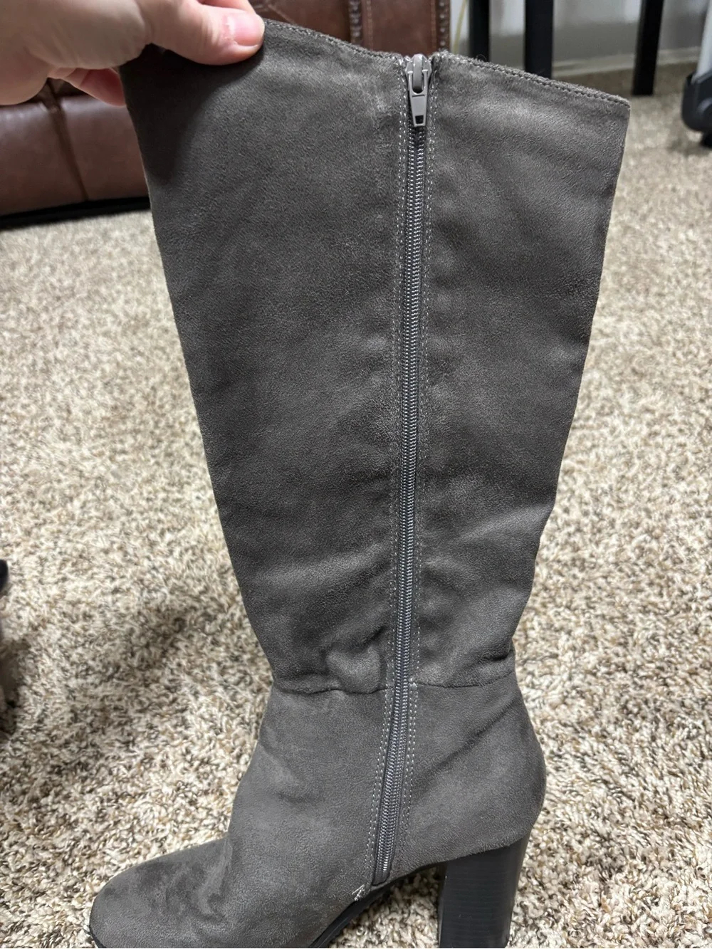 Gray Real Suede Knee High Riding Boots Zip Closure Regular Calf US 8.5 NWOT